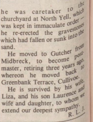 Crop of the Shetland Times page image showing the end of Tom Tulloch's obituary, signed R. L. J.